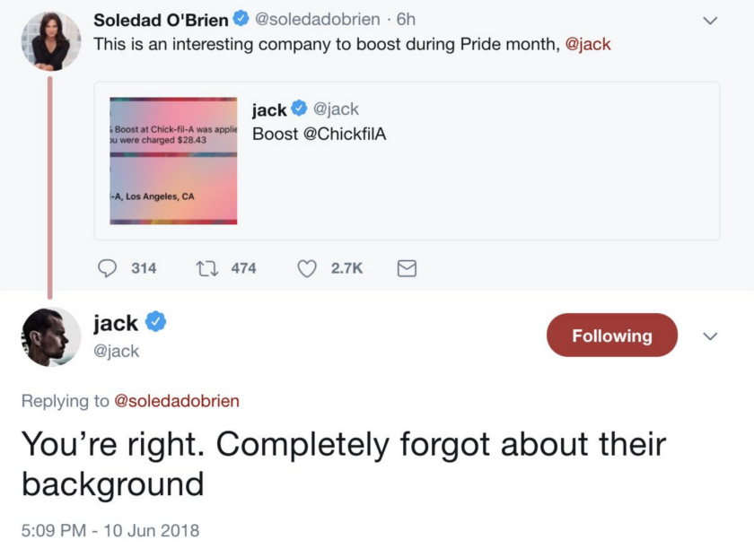 Jack Dorsey tweets Chick-Fil-A