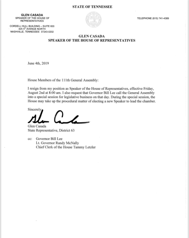 BREAKING Speaker Glen Casada Announces Resignation