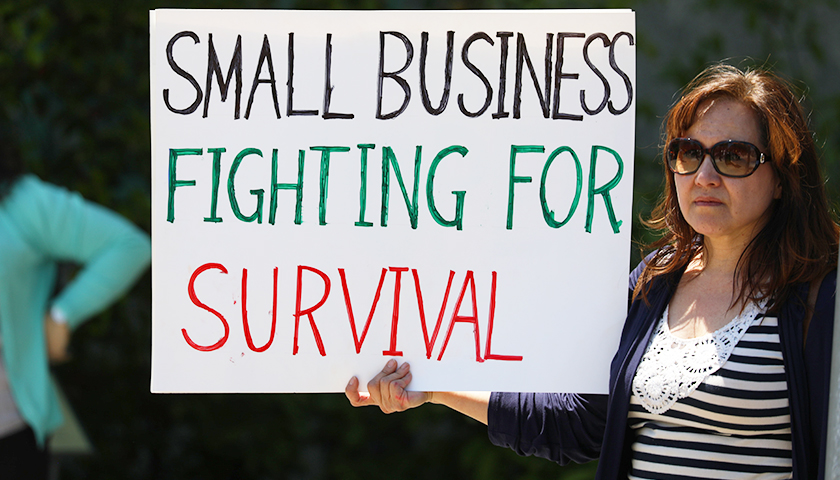 Rally goer holds up a "Small Business fighting for survival" sign