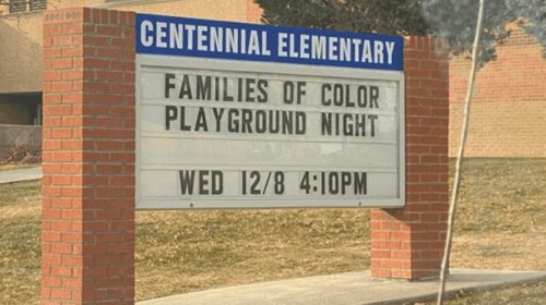 sign that says "families of color playground night Wed. 12/8 4:10 p.m.