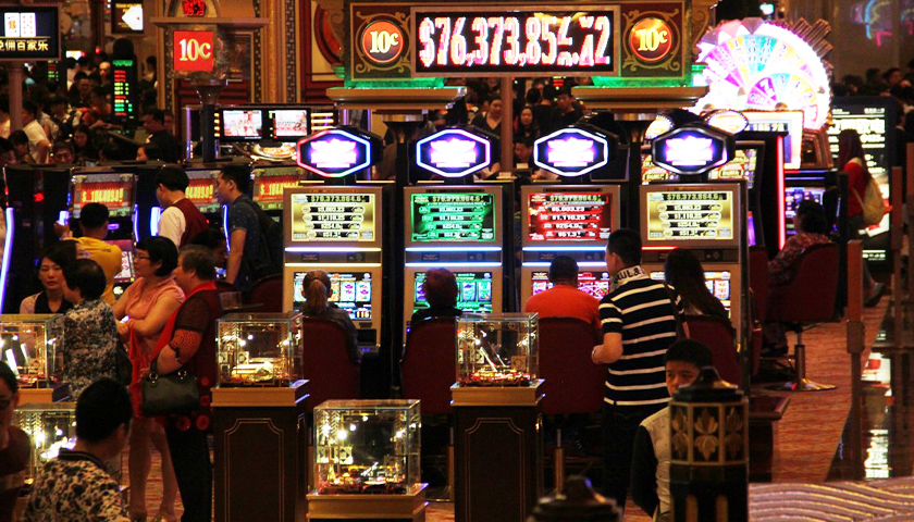 interior of a casino with slot machines