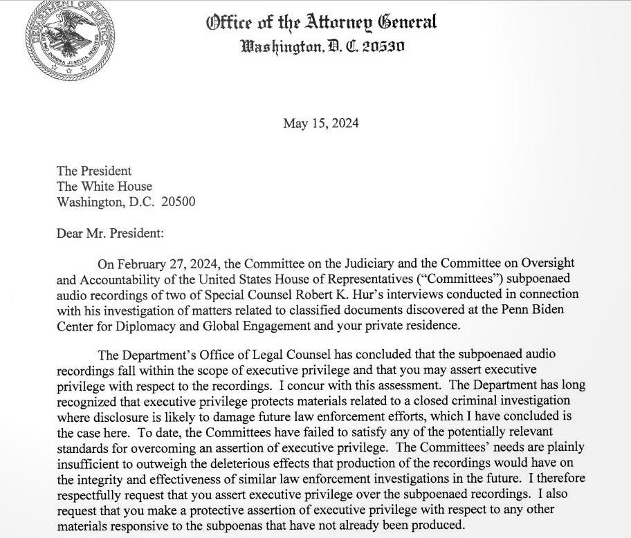 Letter from Atty Gen Merrick Garland to President Joe Biden, May 15, 2024