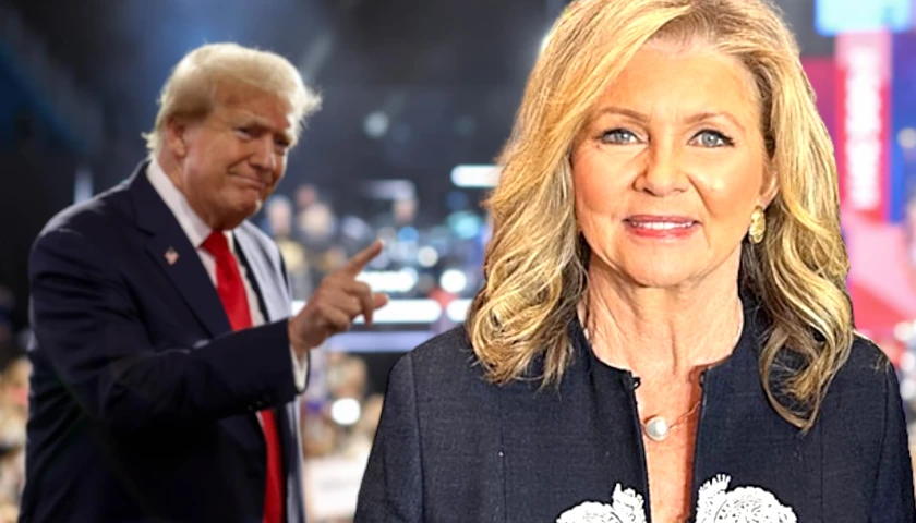 Marsha Blackburn in front on Donald Trump (composite image)