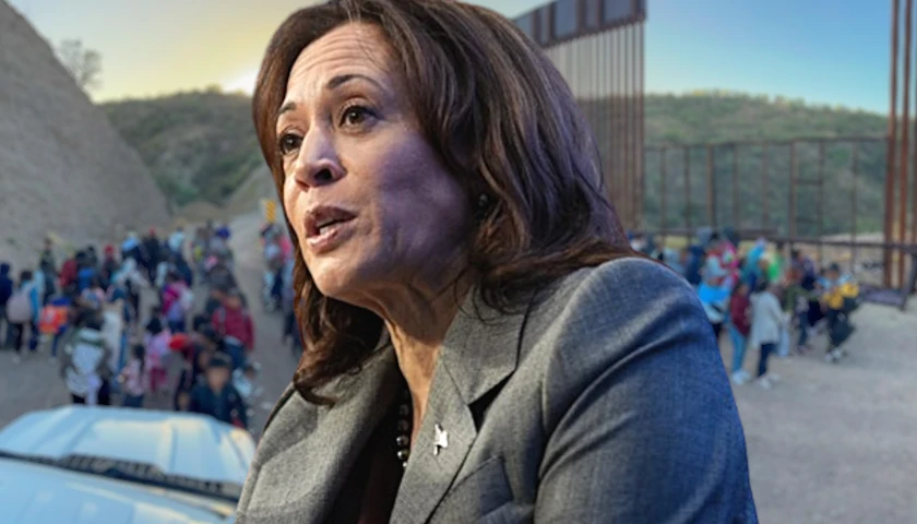 Kamala Harris in front of illegal immigrants at border wall (composite image)