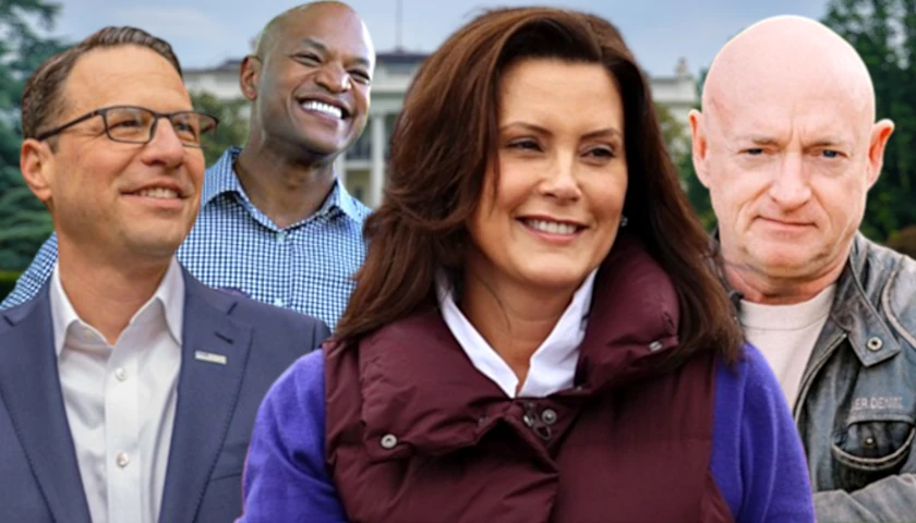Mark Kelly, Wes Moore, Josh Shapiro, and Gretchen Whitmer in front of the White House (composite image)