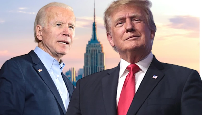 Donald Trump and Joe Biden in front of New York skyline (composite image)