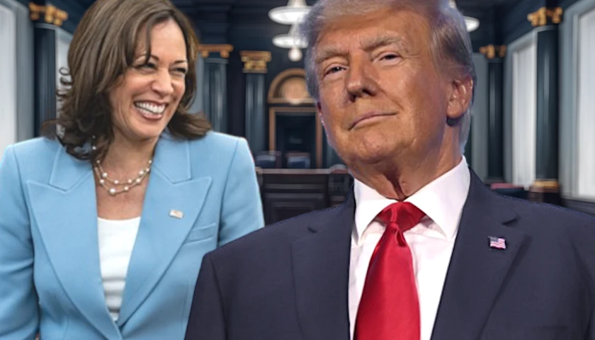 Donald Trump and Kamala Harris in a courtroom (composite image)