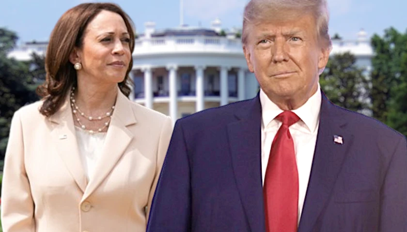Donald Trump and Kamala Harris in front of The White House (composite image)