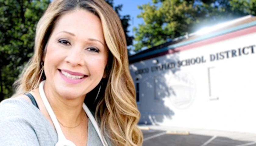 Aurora Regino in front of Chino Unified School District building (composite image)