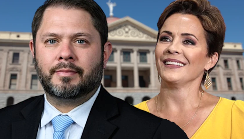 Ruben Gallego and Kari Lake in front of Arizona state capitol building