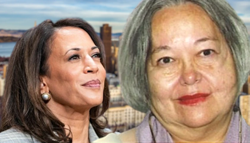 Teresa Sheehan and Kamala Harris in front of San Francisco skyline (composite image)