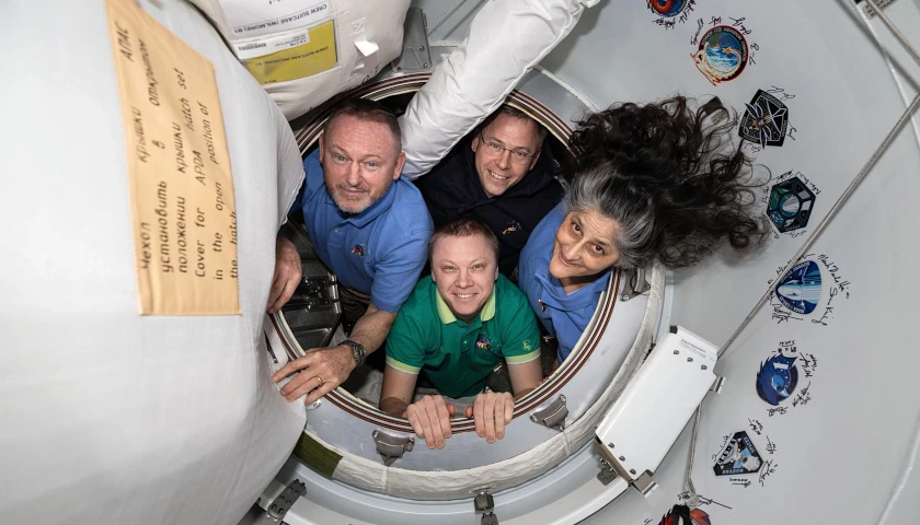 Clockwise from left are NASA astronauts Butch Wilmore, Nick Hague, and Suni Williams, and Roscosmos cosmonaut Aleksandr Gorbunov. NASA