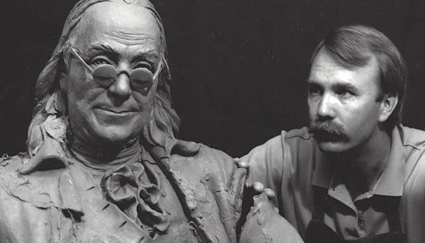Ben of a Bench sculpture w artist George Lundeen