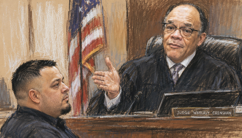 Judge Wavery Crenshaw and Kilmar Abrego Garcia courtroom sketch