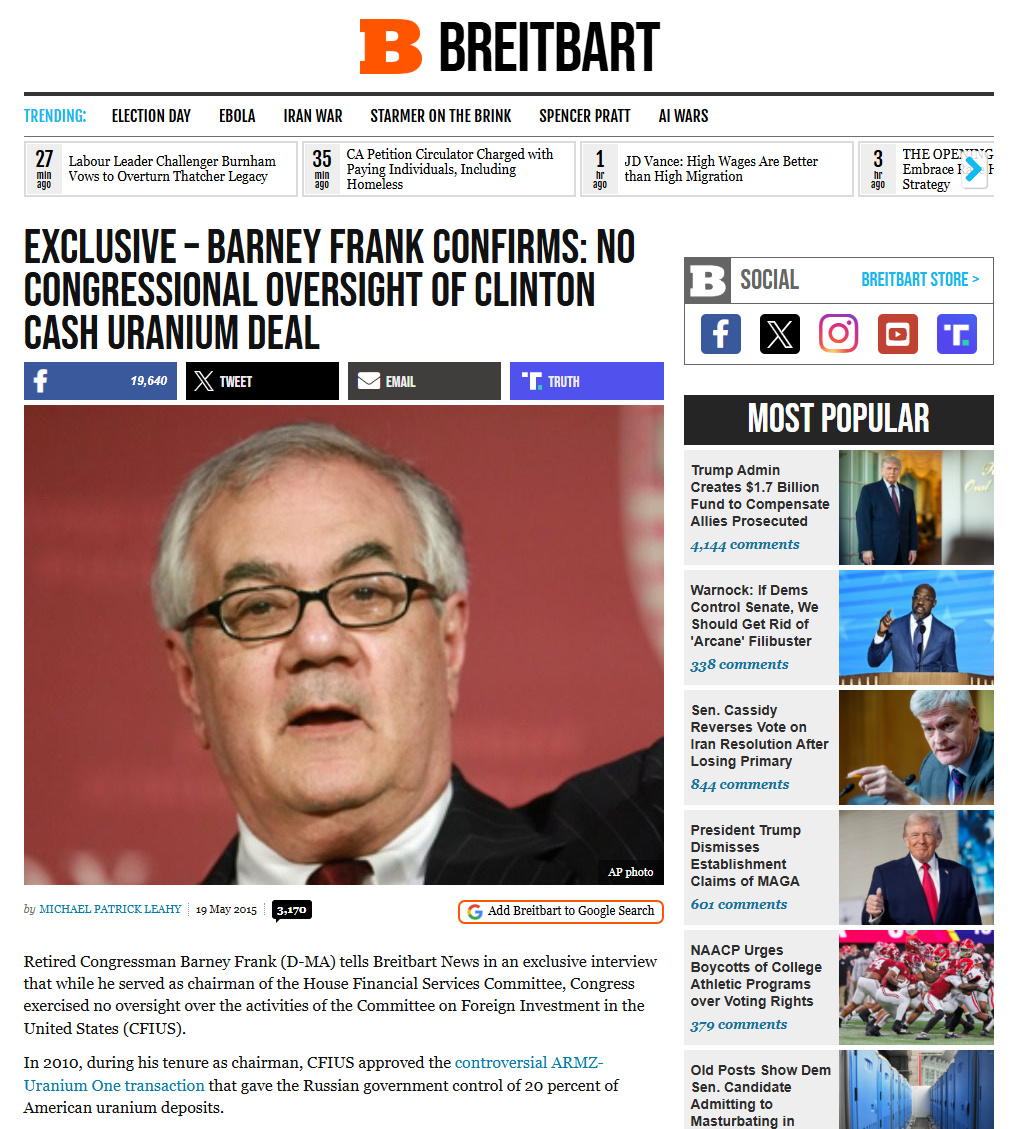Breitbart News interview of Rep Barney Frank