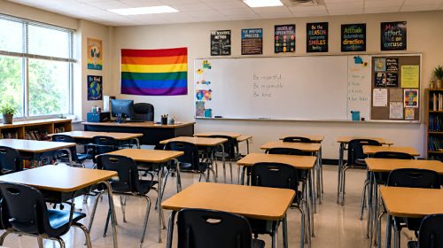 Classroom displays a Pride Flag